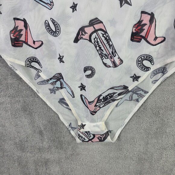 Womens Cowgirl Western Novalty Print Mesh Bodysuit Snap Closure Long Sleeve S - Picture 3 of 8